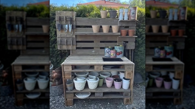 Outdoor gardening bench made from old wood pallets