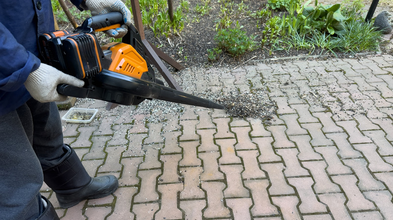 person using a cordless leaf blower to clear fallen leaves on a patio