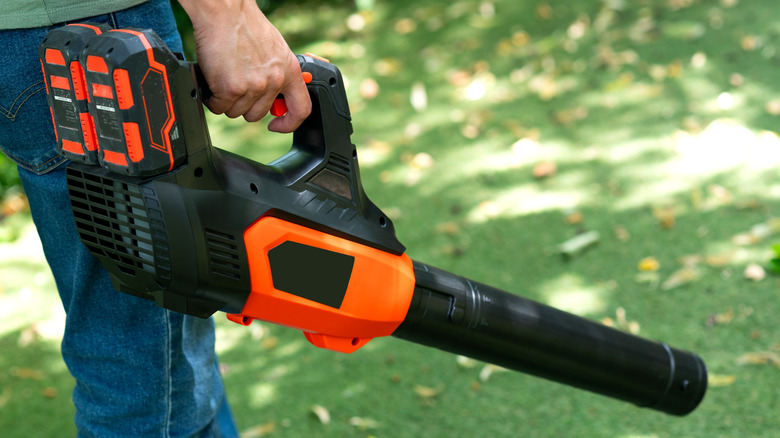 Man holding a cordless leaf blower in his hand