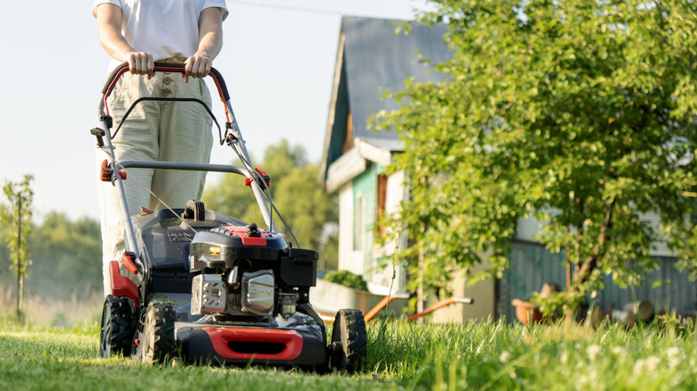 A person pushing a lawn mower
