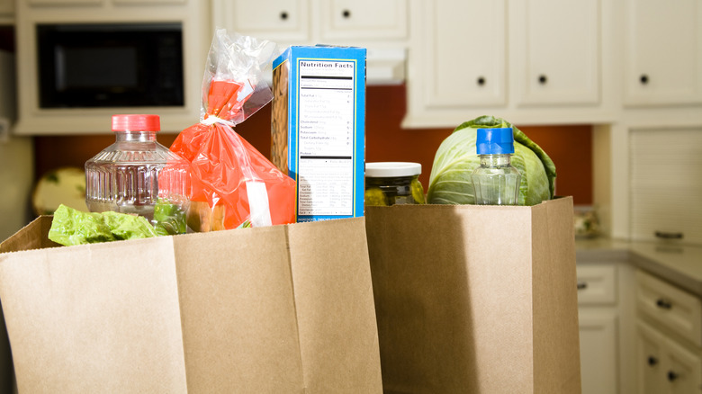 Bags of groceries sitting on kitchen counter