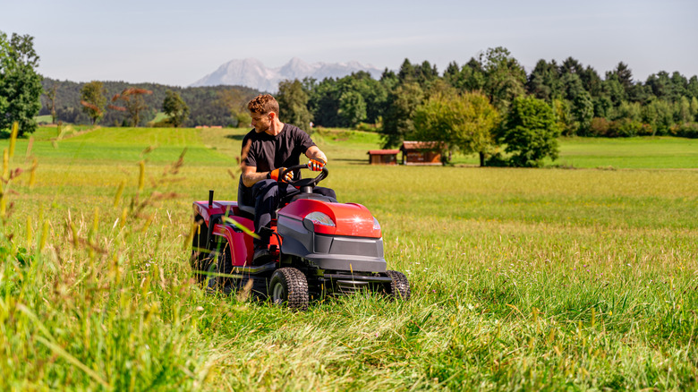 a young man driving a lawn mower in a meadow
